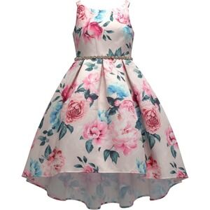 Rare Edition Floral Party Dress Kids Size 5 Pink Blue Rhinestone High-Low Hem